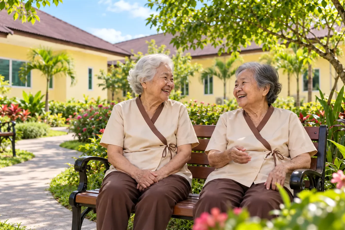 สวนหน้าอาคารสาขาบางบัวทอง ทางเดินเรียบ ม้านั่ง ต้นไม้ร่มรื่น | Omkod Nursing Home
