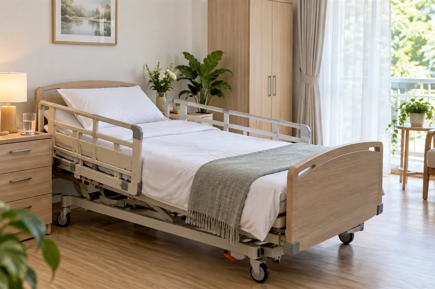 ห้องนอนผู้พัก เตียงพร้อมราวกั้น ผ้าปูสะอาด โต๊ะข้างเตียง | Omkod Nursing Home