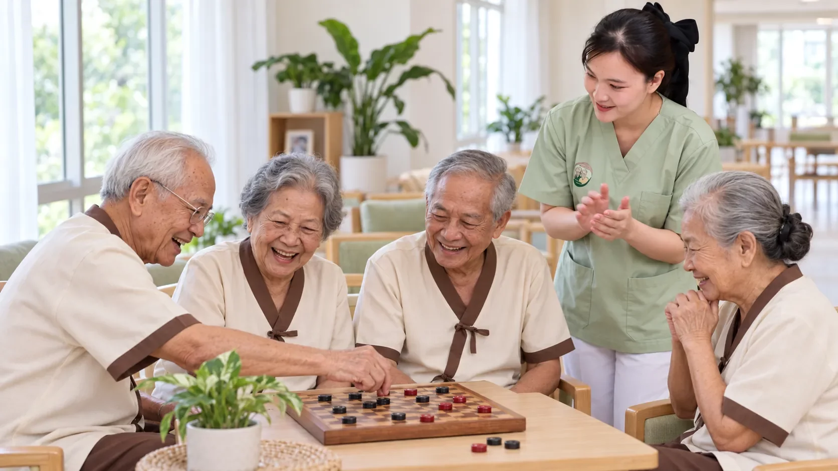 คุณตาคุณยายเล่นหมากฮอสกันอย่างสนุกในห้องนั่งเล่นอ้อมกอด | Residents playing Thai checkers together