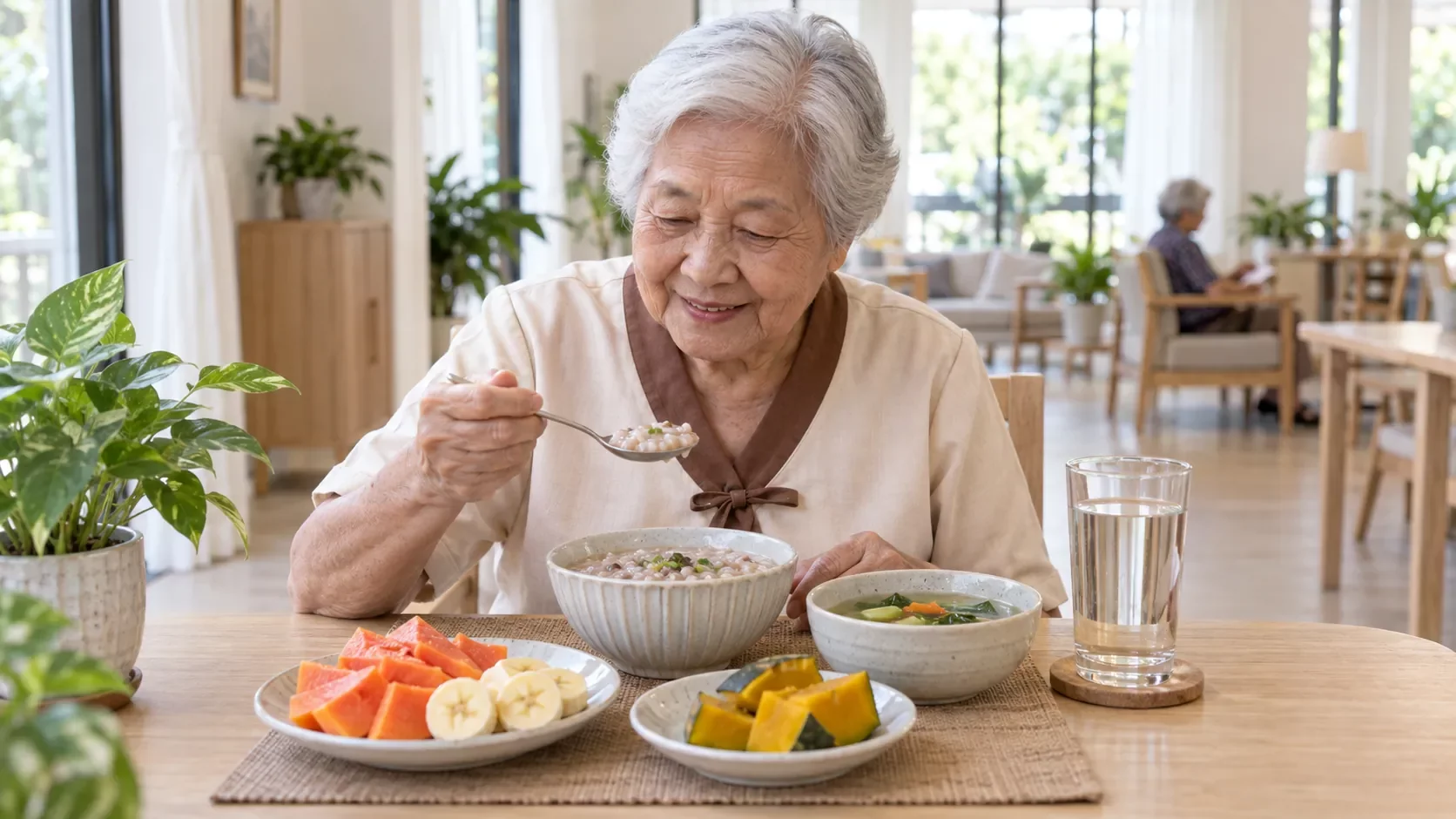 อาหารเช้าไฟเบอร์สูง โจ๊กข้าวกล้อง มะละกอ กล้วย ฟักทอง และน้ำเปล่า | High-fibre breakfast