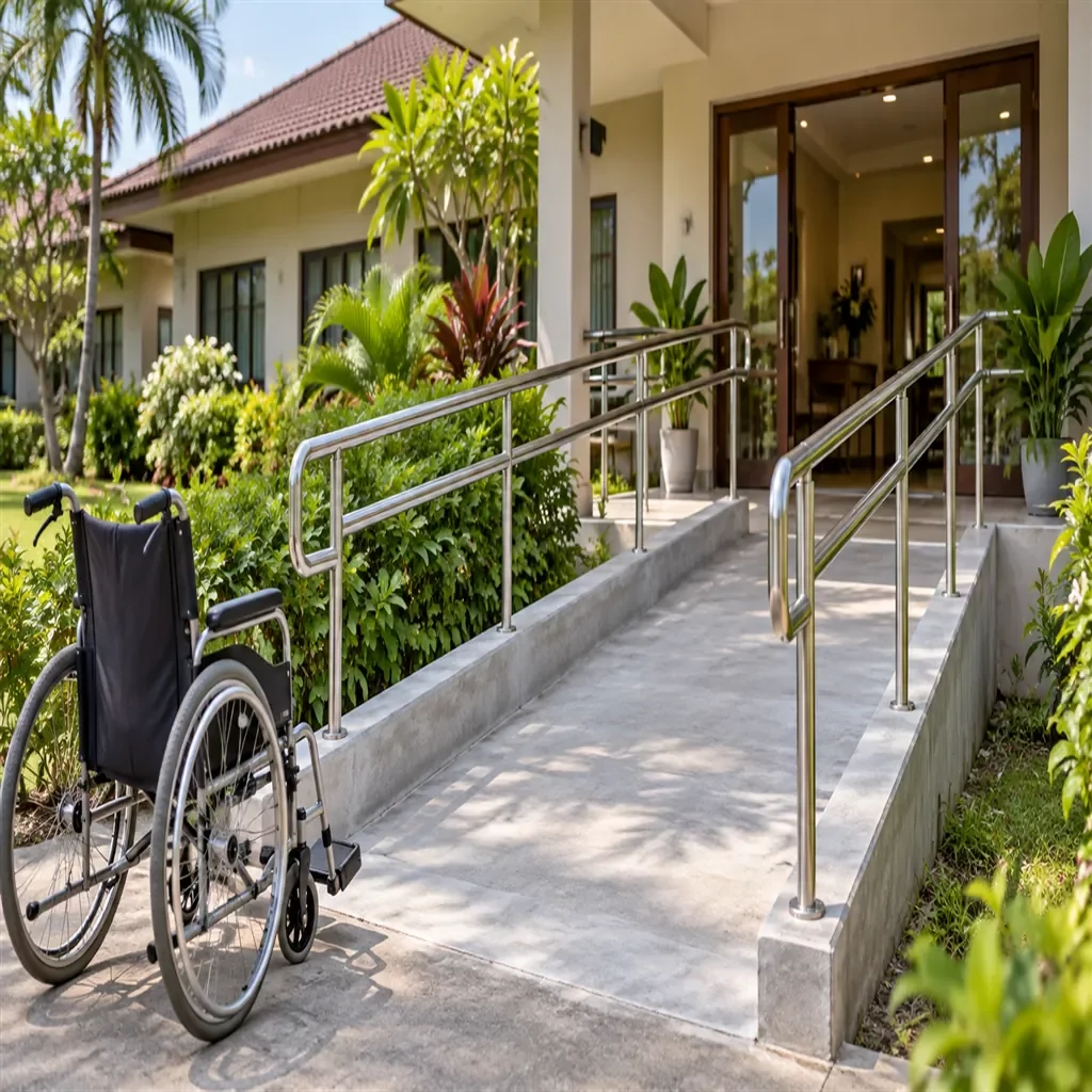 ทางลาดสำหรับรถเข็นพร้อมราวจับสองข้าง | Omkod Nursing Home
