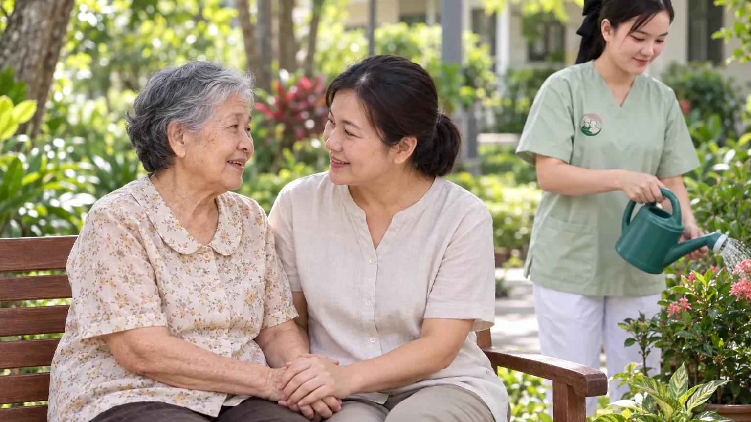 คุณแม่กับลูกสาวนั่งคุยกันบนม้านั่งในสวนอย่างสบายใจ | Mother and daughter talking calmly on a garden bench