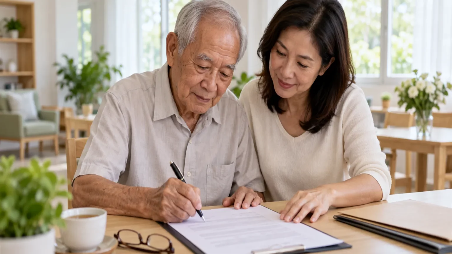 คุณตาเซ็นเอกสารสำคัญโดยมีลูกสาวช่วยจับกระดาษ | Signing important documents with family