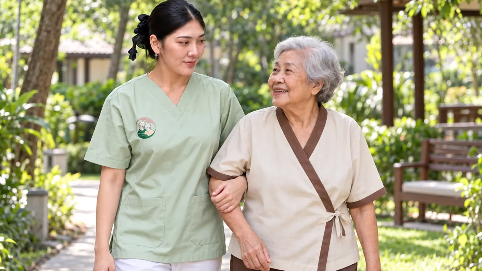 ผู้ดูแลอ้อมกอดพาคุณยายเดินเบา ๆ ในสวนตอนเช้า | Gentle morning walk for heart health