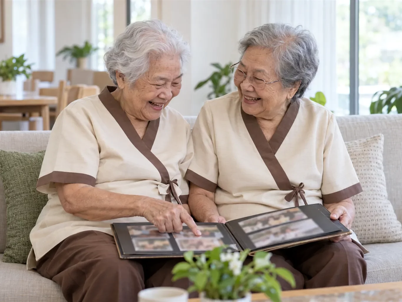 คุณยาย 2 ท่านนั่งหัวเราะดูอัลบั้มรูปด้วยกัน (ภาพประกอบเรื่องเล่า) | Omkod Nursing Home