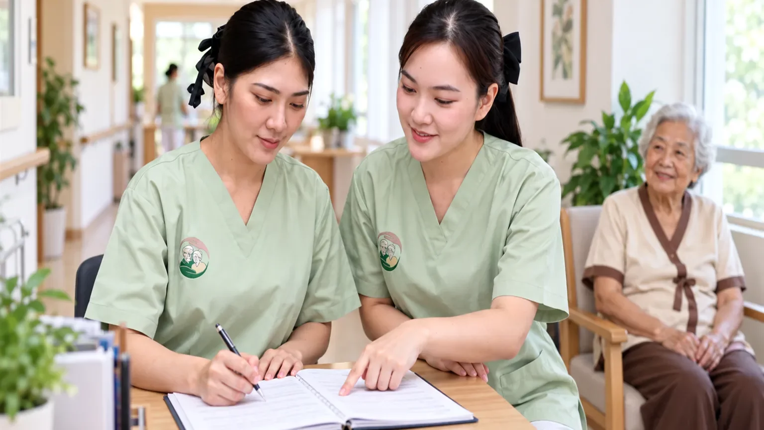 ผู้ดูแลอ้อมกอดสองคนส่งเวรกันพร้อมจดบันทึกการดูแล | Omkod caregivers during a shift handover