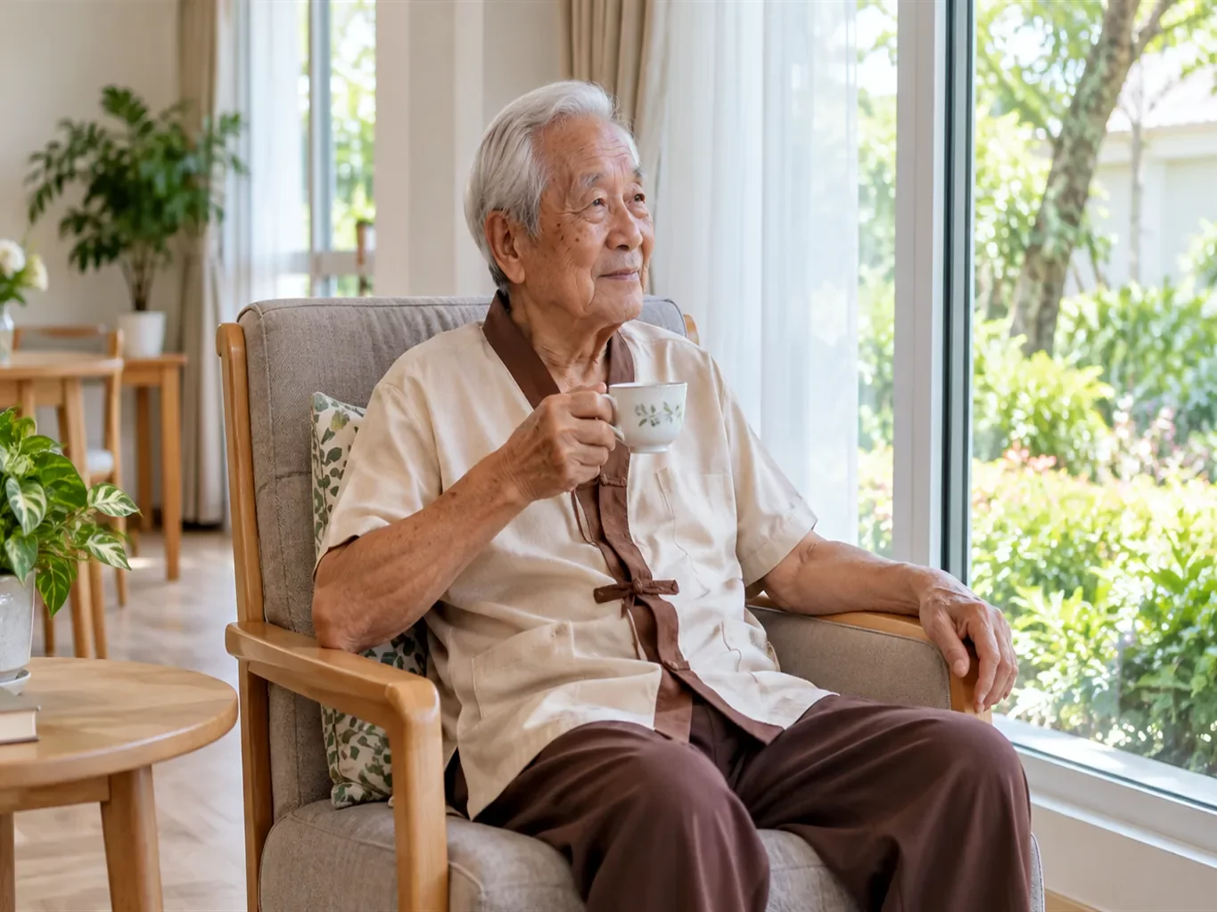 คุณตานั่งพักผ่อนริมหน้าต่างอย่างสงบพร้อมน้ำชา | Omkod Nursing Home