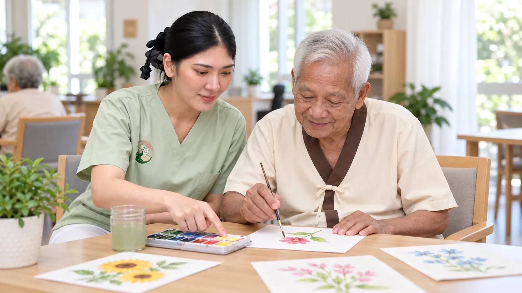 คุณตาวาดภาพสีน้ำโดยมีผู้ดูแลอ้อมกอดนั่งช่วยเลือกสี | Watercolour painting activity