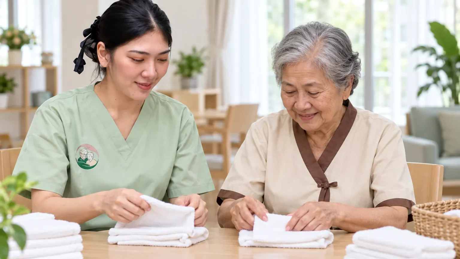 ผู้ดูแลอ้อมกอดพับผ้ากับคุณยายเป็นกิจวัตรสงบในแต่ละวัน | Calm daily routine with a long-stay resident