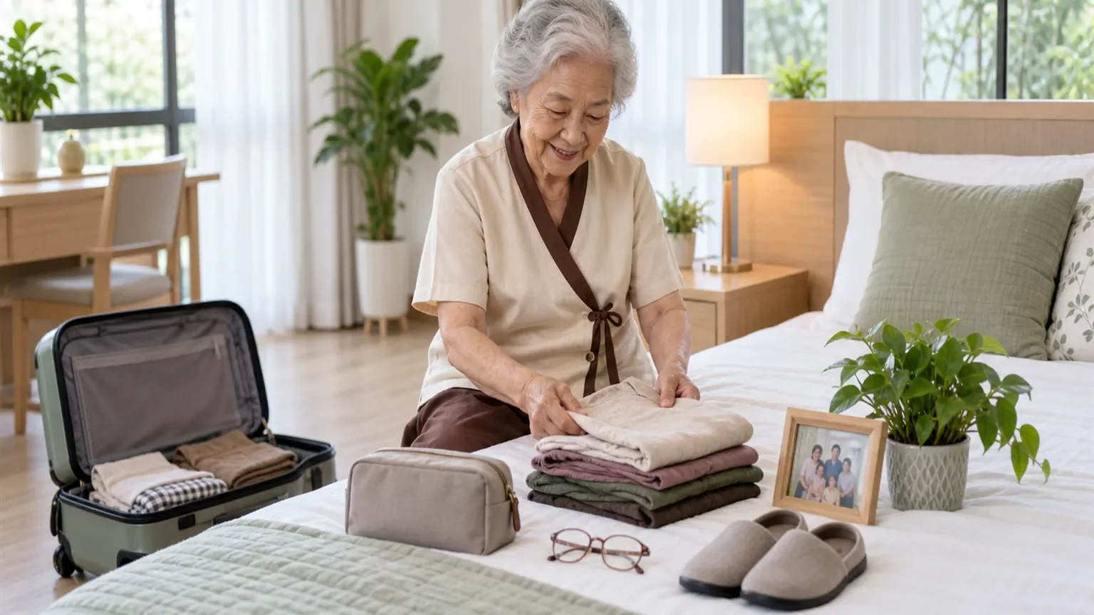 ของใช้ส่วนตัวที่เตรียมไว้บนเตียงสำหรับวันย้ายเข้าบ้านพักดูแล | Personal items prepared for move-in day