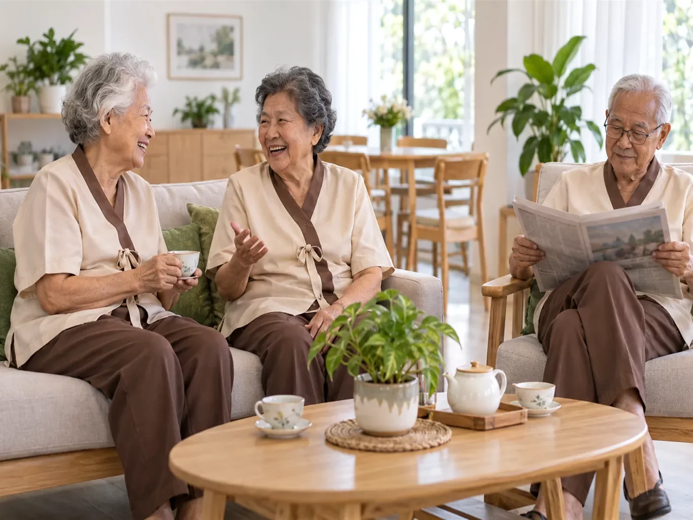 คุณตาคุณยายนั่งพักผ่อนคุยกันในห้องนั่งเล่นรวม บรรยากาศอบอุ่น | Omkod Nursing Home