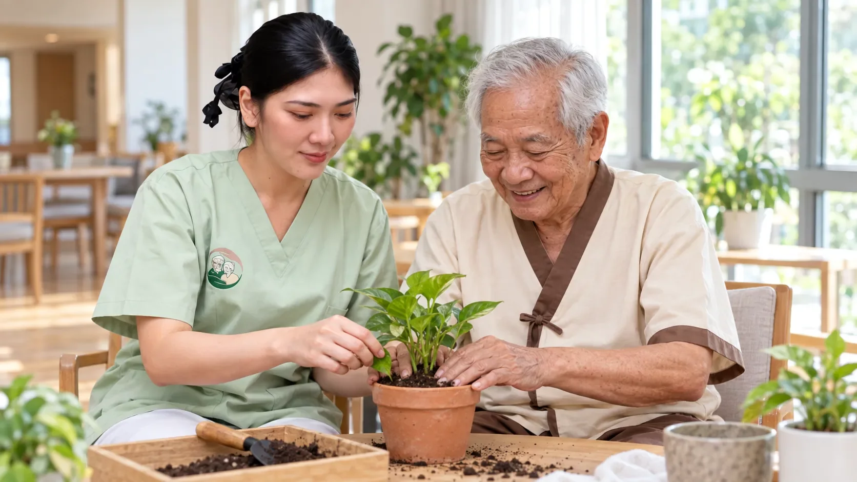 ผู้ดูแลอ้อมกอดชวนคุณตาปลูกต้นไม้เล็ก ๆ ด้วยกันริมหน้าต่าง | Potting a plant together