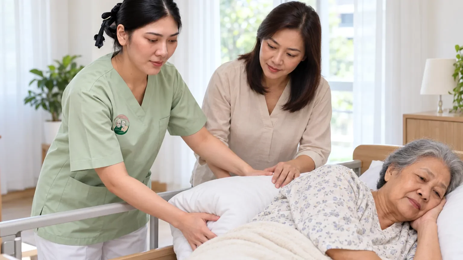 ผู้ดูแลอ้อมกอดสอนลูกสาวจัดหมอนรองหลังให้คุณแม่ที่นอนติดเตียง | Caregiver teaching a daughter bed-bound positioning