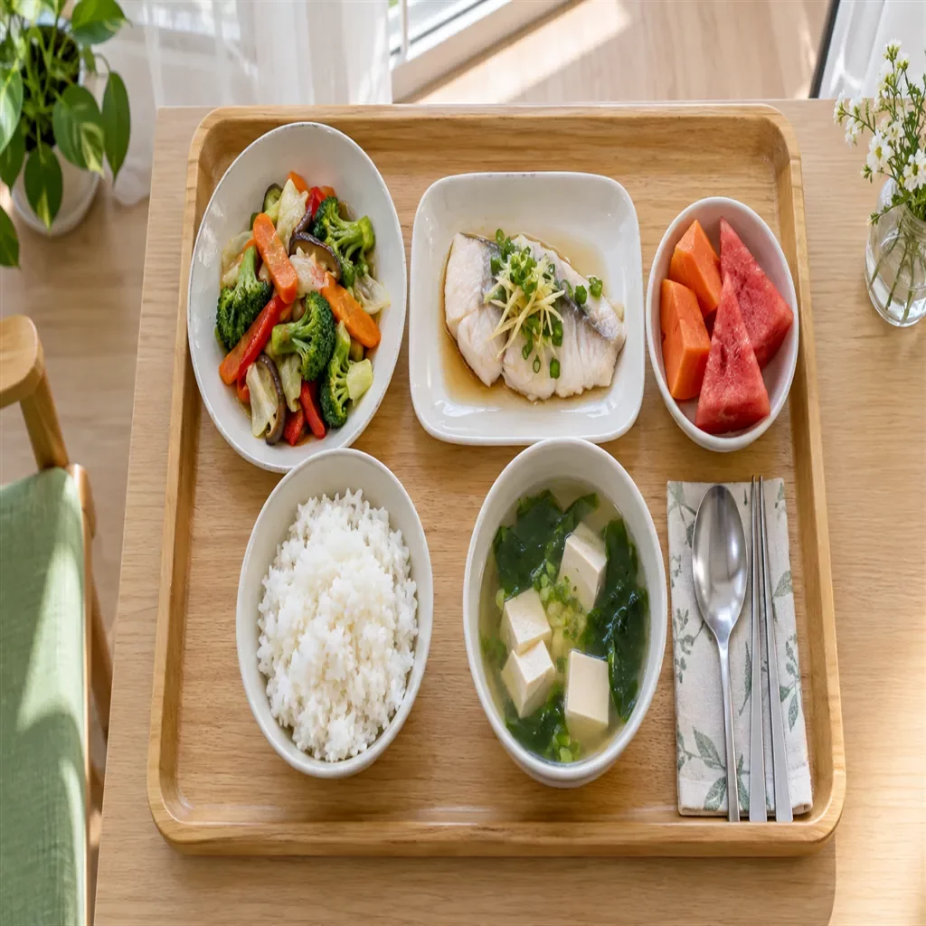 ถาดอาหารกลางวันครบ 5 หมู่ ข้าว ผัก ปลา แกงจืด ผลไม้ | Omkod Nursing Home