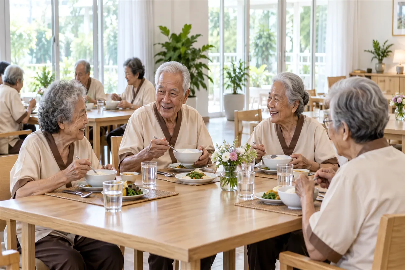 โต๊ะอาหารรวมจัดพร้อมสำหรับมื้ออาหาร | Omkod Nursing Home