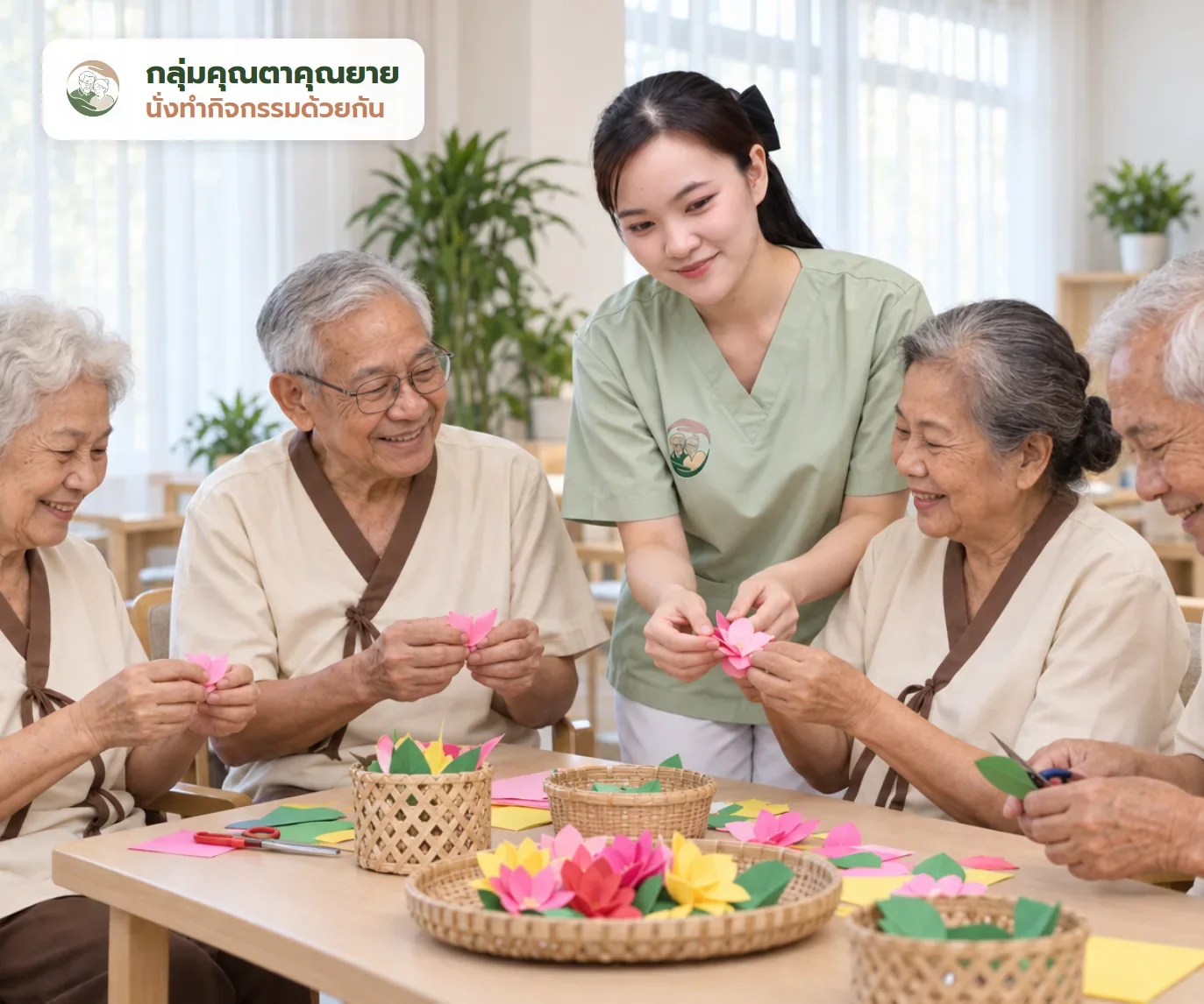 ผู้ดูแลอ้อมกอดในชุดสครับสีเขียวช่วยคุณตาคุณยายพับดอกไม้กระดาษในกิจกรรมกลุ่มประจำวัน บรรยากาศอบอุ่นเหมือนครอบครัว | Omkod caregiver leading a group craft activity