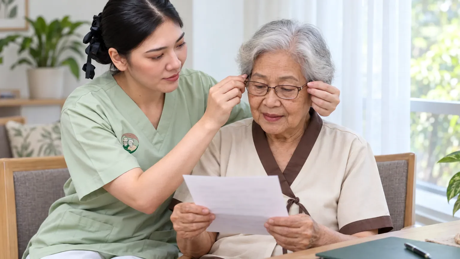 ผู้ดูแลอ้อมกอดช่วยคุณยายสวมแว่นอ่านเอกสาร | Caregiver helping a resident read a letter