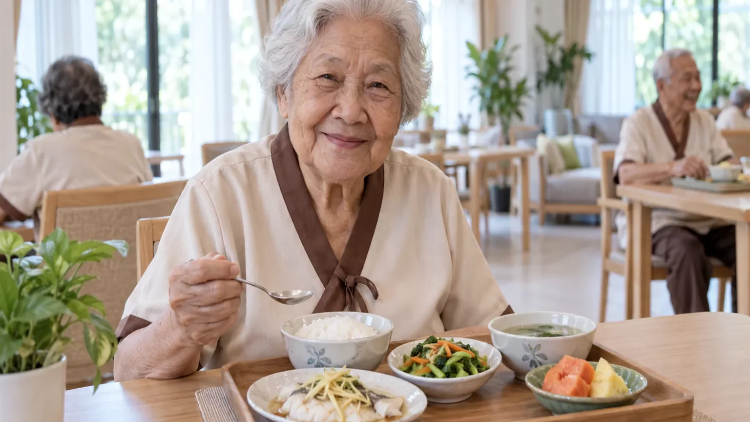 ถาดอาหารกลางวันที่อ้อมกอด ข้าวสวย ปลานึ่ง ผักอ่อนนุ่ม แกงจืด และผลไม้ | Lunch tray at Omkod Nursing Home