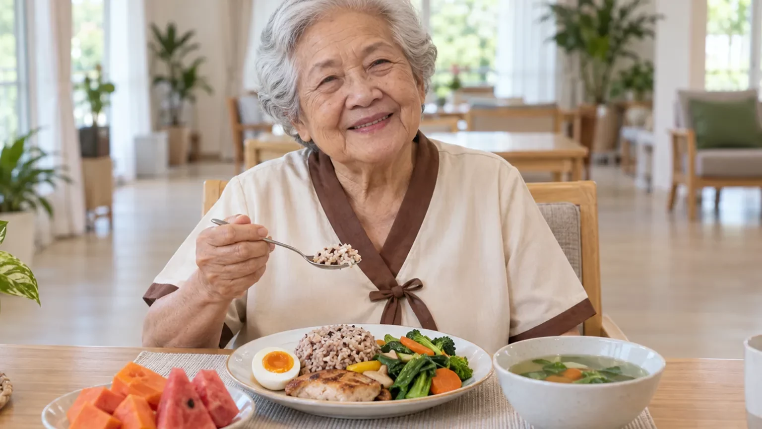 อาหารครบหมู่สำหรับผู้สูงอายุ ข้าวกล้อง ไข่ ผัก ไก่ แกงจืด และผลไม้ | Balanced Thai meal for older adults