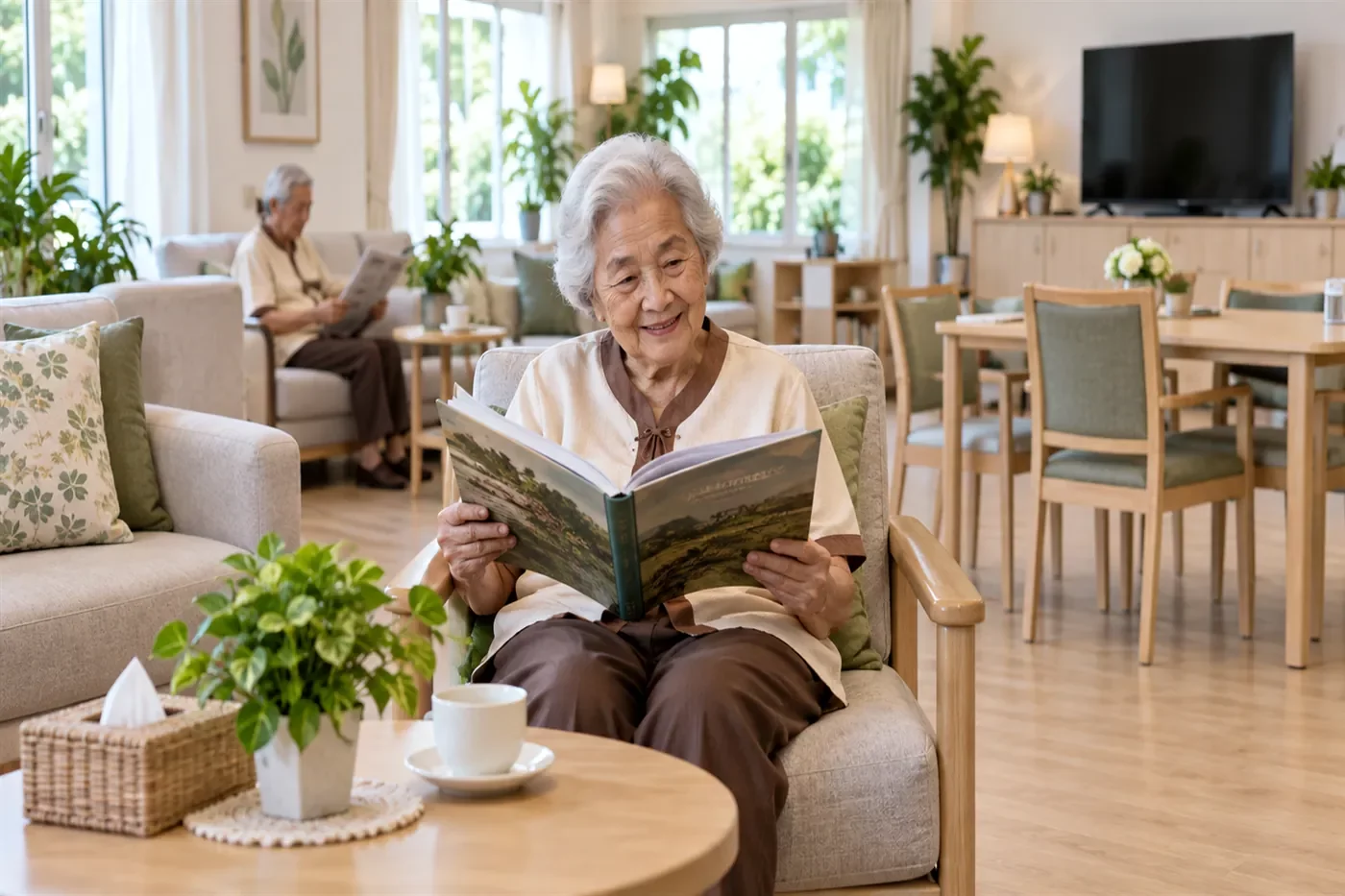 ห้องนั่งเล่นรวม โซฟา ทีวี โต๊ะกิจกรรม แสงธรรมชาติ | Omkod Nursing Home