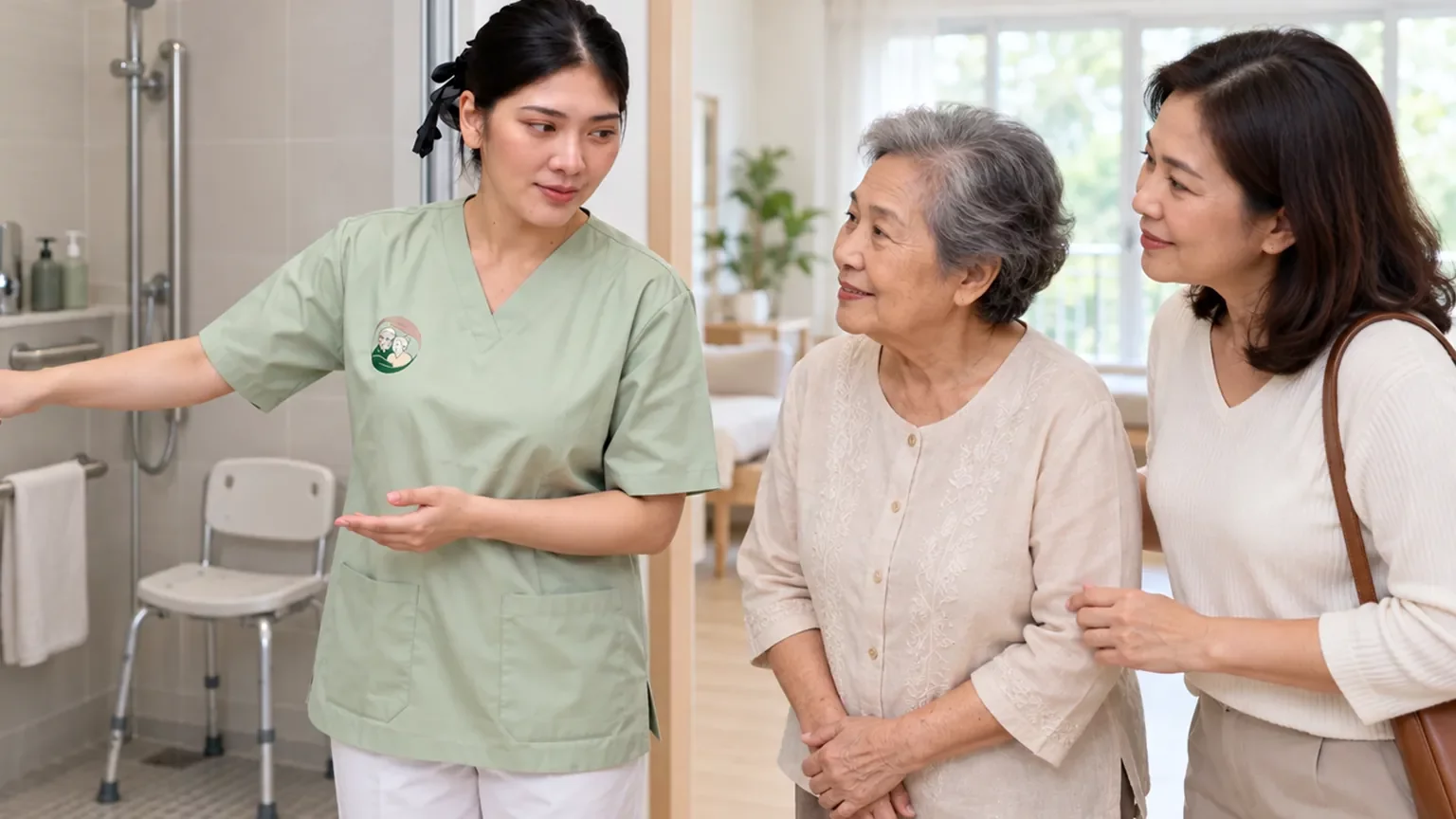 ผู้ดูแลอ้อมกอดพาครอบครัวดูห้องน้ำที่มีราวจับและเก้าอี้อาบน้ำ | Touring an accessible bathroom