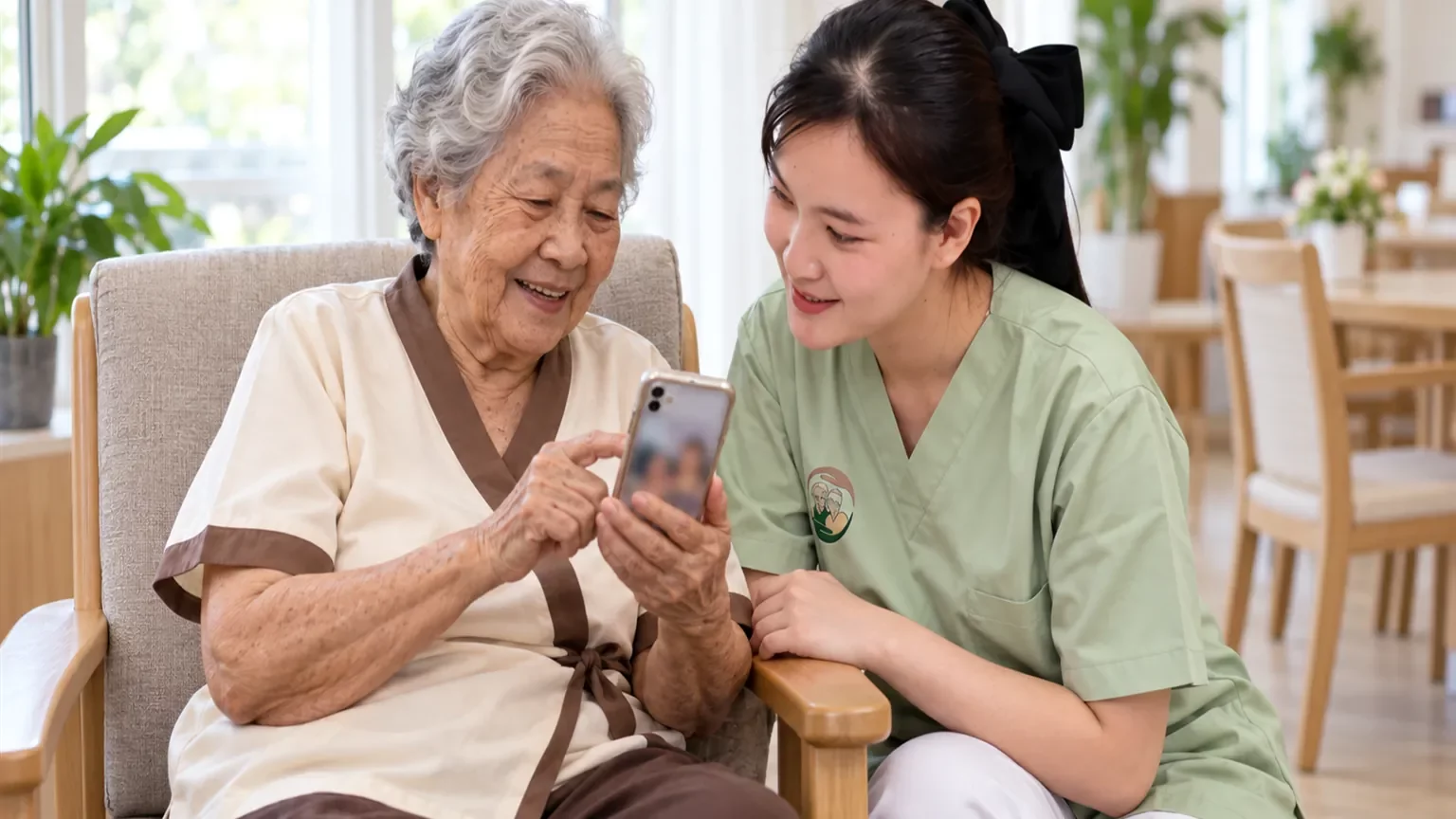 คุณยายอวดรูปหลานในโทรศัพท์ให้ผู้ดูแลอ้อมกอดดู | Resident sharing photos of her grandchildren