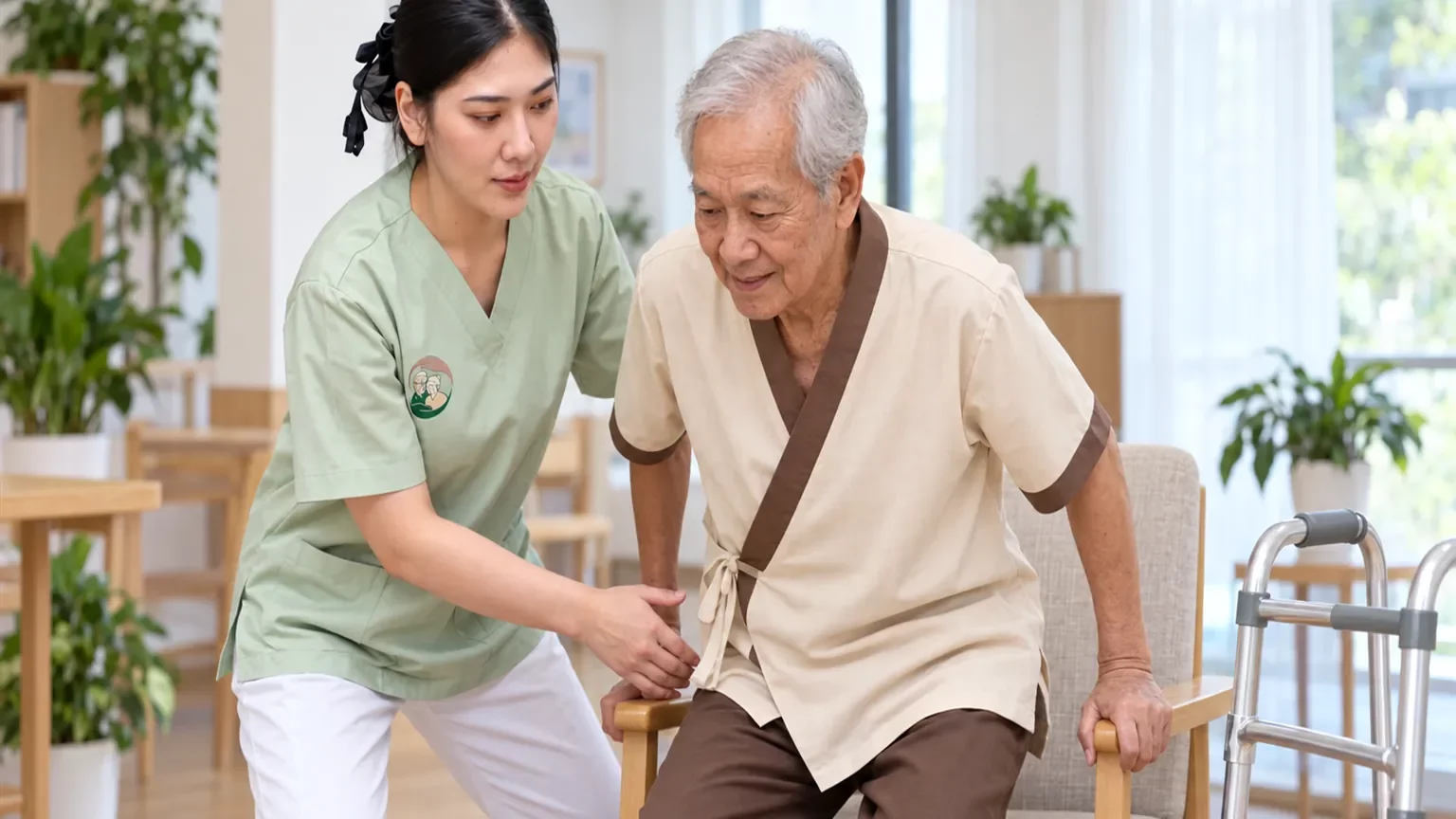 ผู้ดูแลอ้อมกอดช่วยคุณตาฝึกลุกยืนจากเก้าอี้เพื่อรักษากำลังขา | Caregiver coaching a sit-to-stand exercise