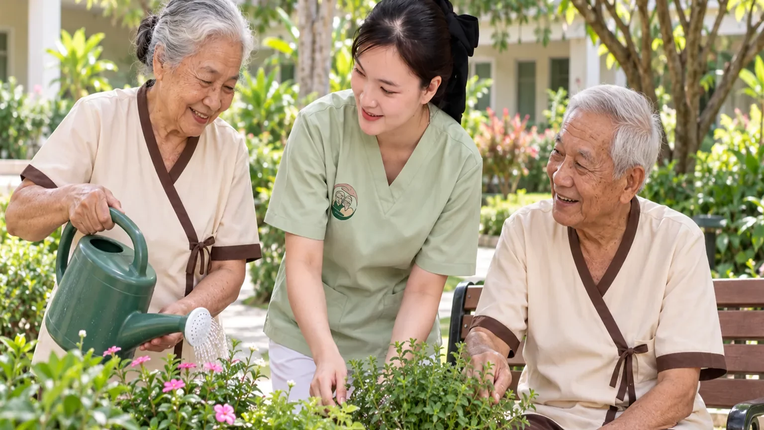 ช่วงบ่ายที่อ้อมกอด ผู้ดูแลกับคุณตาคุณยายรดน้ำต้นไม้ในสวนด้วยกัน | Afternoon gardening at Omkod