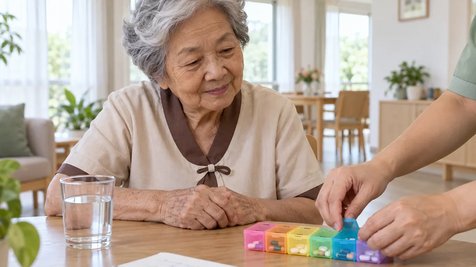 กล่องยารายสัปดาห์ แก้วน้ำ และสมุดจดยาบนโต๊ะ | Weekly pill organizer and medication log